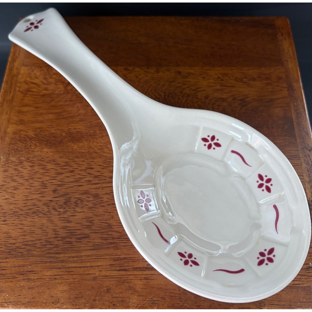 Longaberger Woven Traditions Ivory Heritage Red Pottery Spoon Rest Made in USA